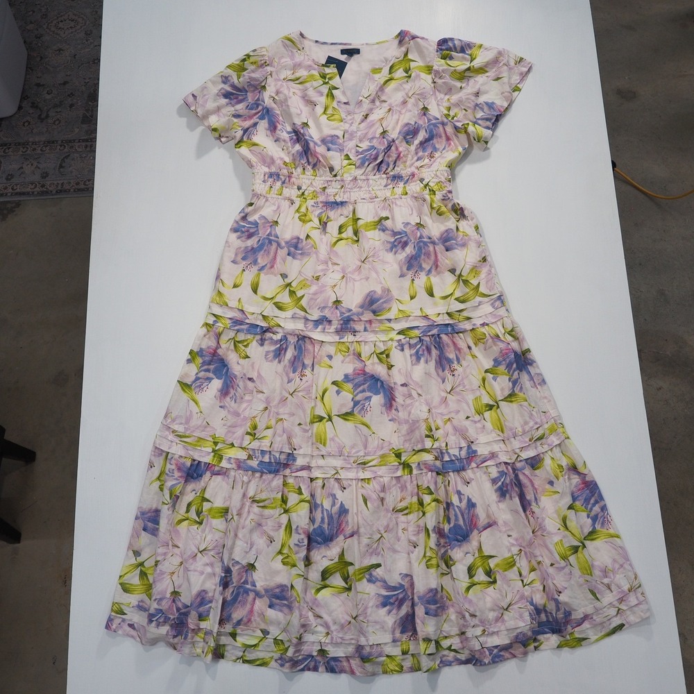 Biltmore Dress Women Extra Large White Floral Smocked Tiered V Neck Maxi Sleeve